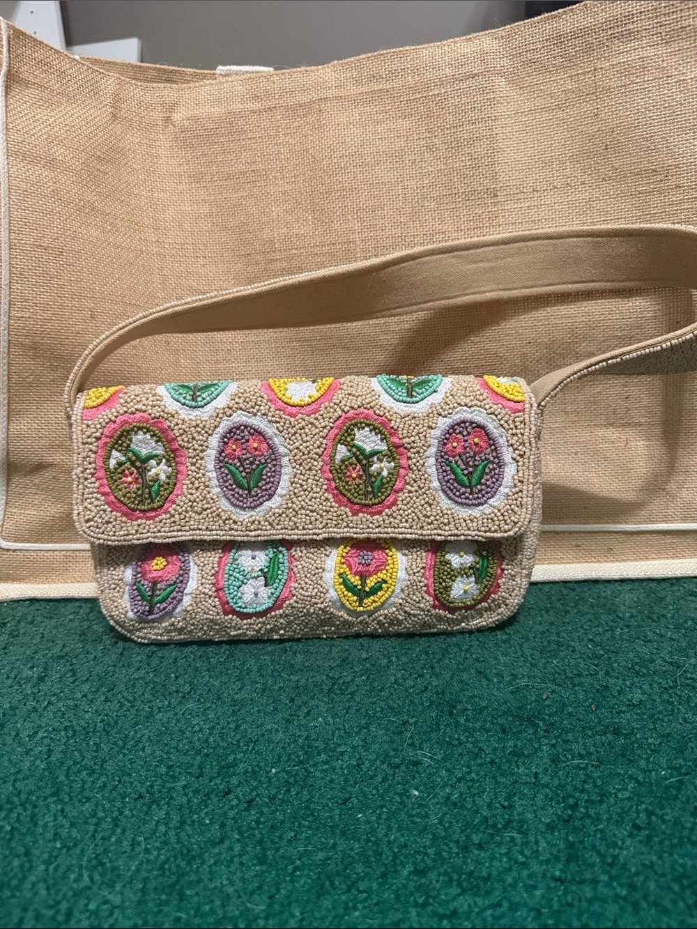 OKPTA Floral Beaded Crossbody Clutch Pink Green Boho Handbag
